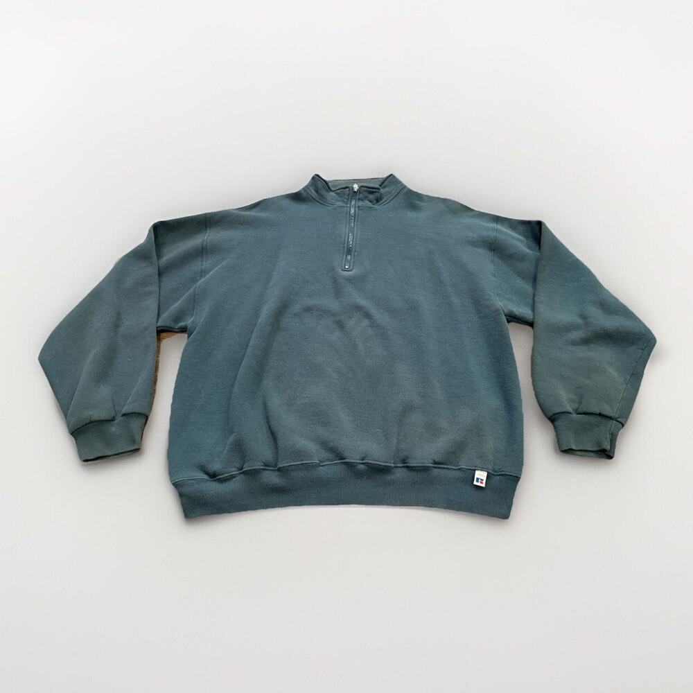 Vintage 90s Russell Athletic Mens Green 1/4 Zip Pullover Sweatshirt Size XL